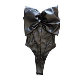 LIKA NWOT Faux Leather Statement Corset Bodysuit With Oversize Bow in Black